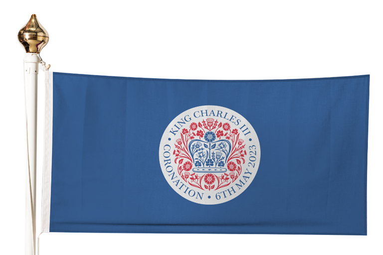 Coronation Flag featuring official emblem on blue background